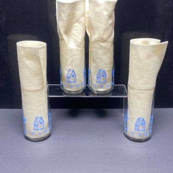 Vintage Libbey Garden Theme Glass Tumblers Set of 4 Flower Pot Bird House - Picture 2 of 9